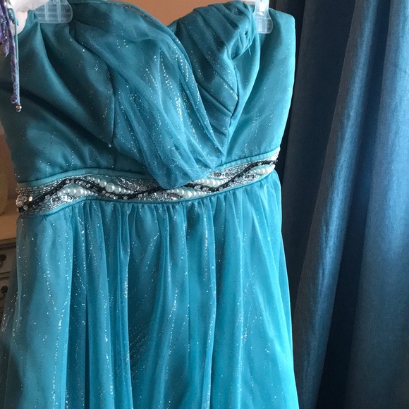 teal shimmery homecoming dress, embroidered belt - Picture 2 of 4